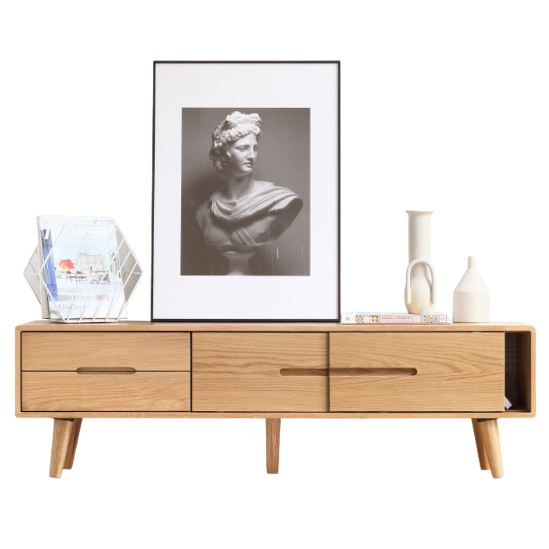 Solid Oak Wood TV Stand with Sliding Doors - Rustic Modern Entertainment Center for Living Room, Bedroom & Home Theater