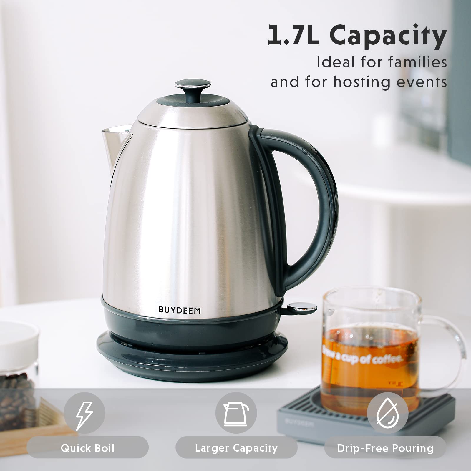 BUYDEEM K640 1.7L Stainless Steel Electric Tea Kettle - Auto Shut-Off, Boil Dry Protection, 1440W Fast Heating, Cordless with Swivel Base, Retro Silver - Perfect for Home, Office & Tea Lovers