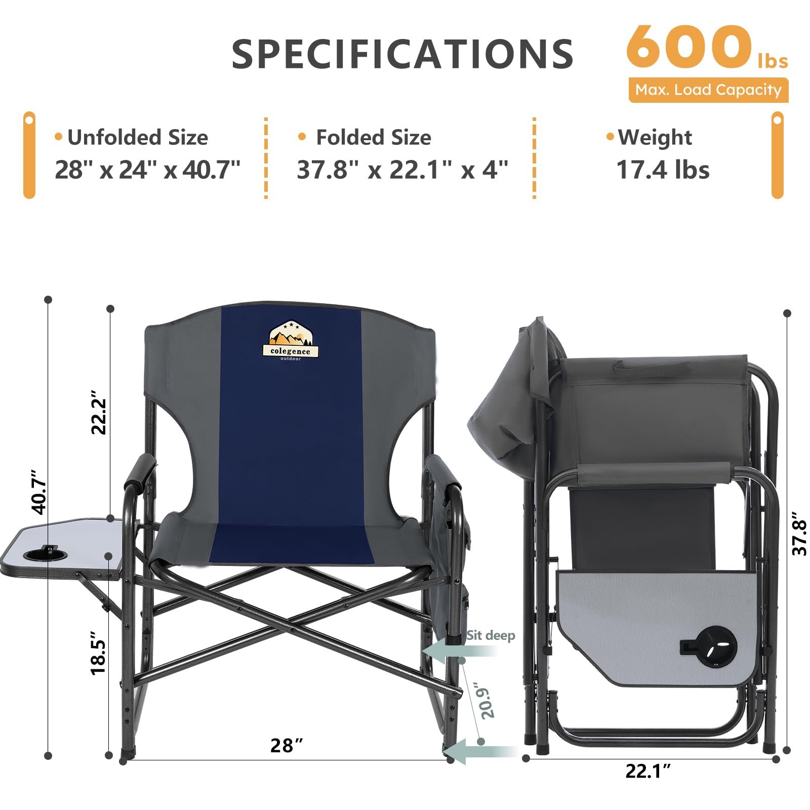Heavy Duty Oversized Camping Chair with 600 LBS Capacity - Foldable Outdoor Chair with Detachable Side Pocket & Adjustable Side Table - Perfect for Beach, Lawn, Fishing, Camping & Backyard Relaxation (Blue)