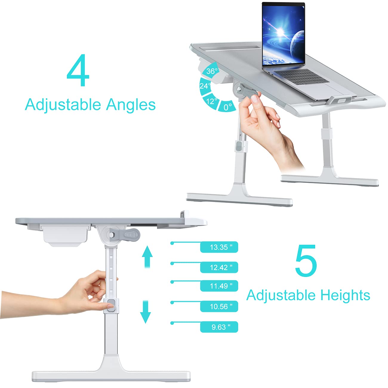 Foldable Adjustable Laptop Bed Tray Desk - Ergonomic Height & Angle Adjustable Computer Table for Bed, Sofa, Couch or Floor Use - Sturdy Portable Lap Desk with 2 Storage Drawers (Grey) - Perfect for Working, Studying, Reading or Watching Movies in Bed