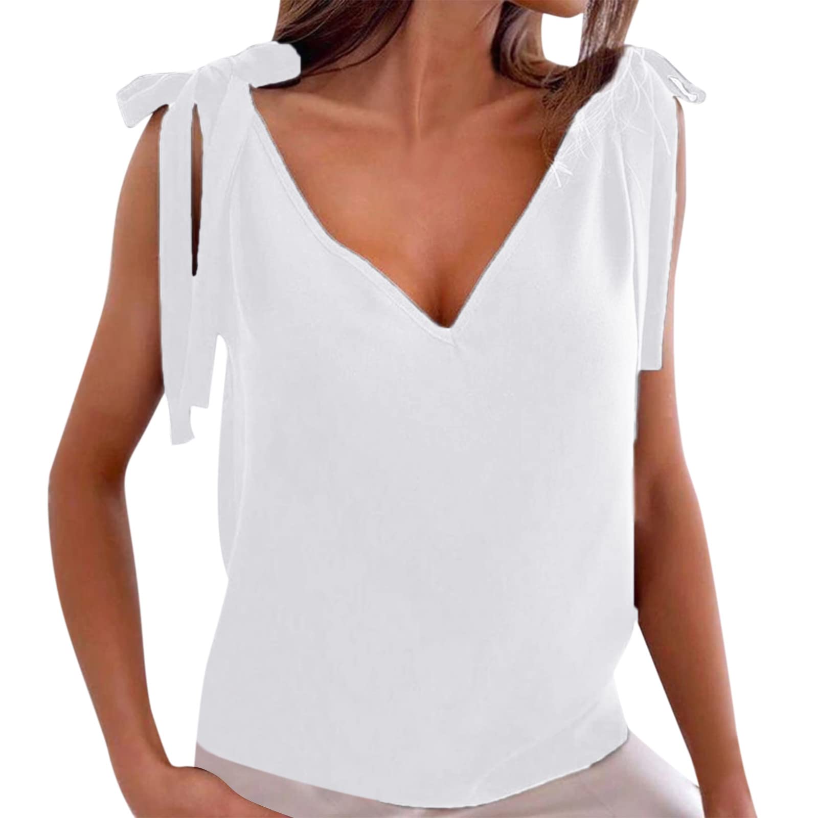 Women's Sleeveless V-Neck Tank Tops - Summer Casual Basic Solid Color Camisole Tee Shirts - Cute White Tops for Women - Perfect for Beach, Gym, and Everyday Wear