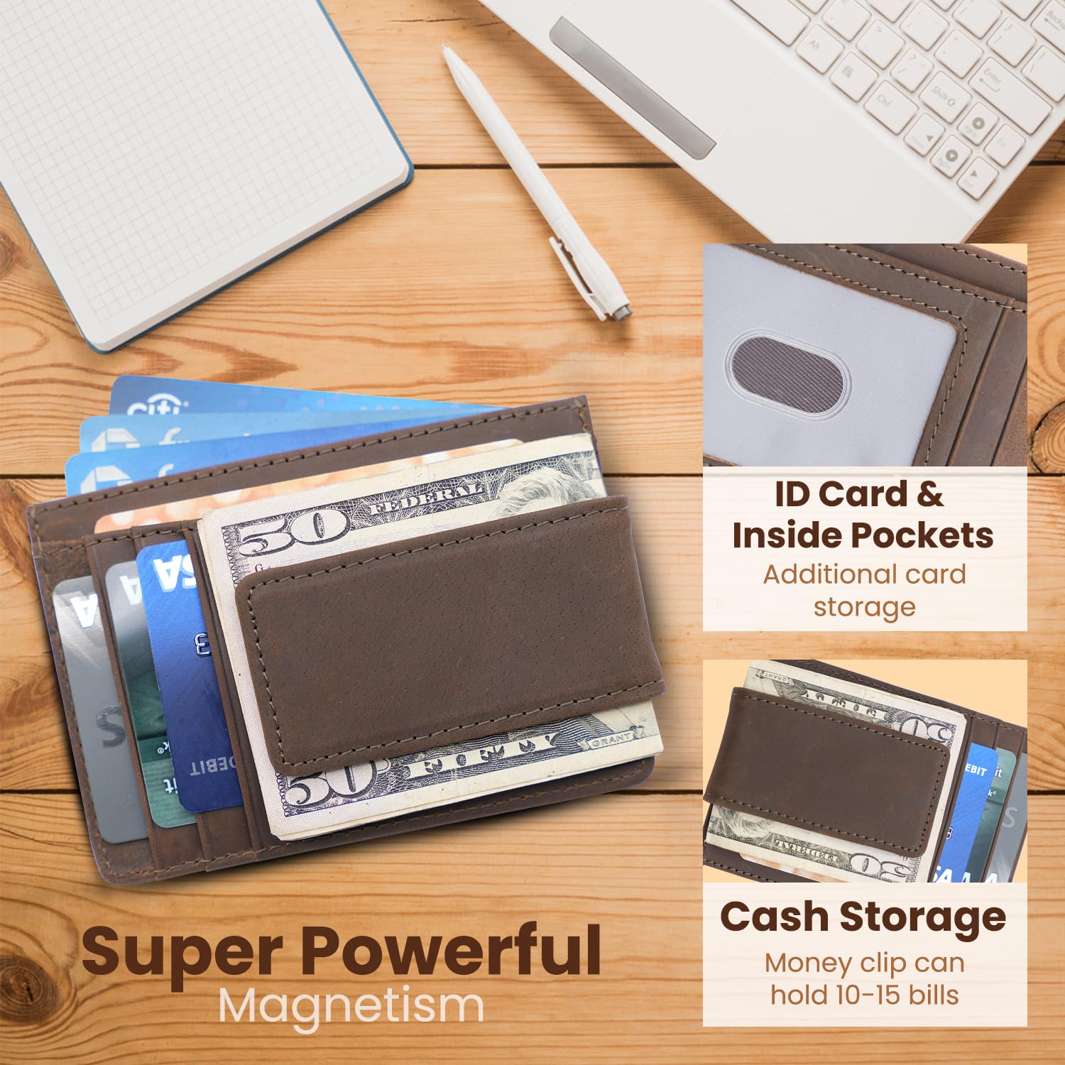 Personalized Leather Magnetic Money Clip Wallet for Men - RFID Blocking Credit Card Holder with ID Window & Strong Magnetic Clip - Laser Engraved Minimalist Wallet (Dark Brown) - Perfect Gift for Business Travel & Everyday Carry