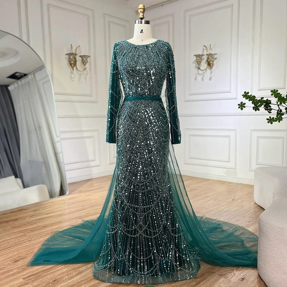 Luxury Green Beaded Mermaid Evening Dress for Muslim Women - Dubai Wedding Party Gown with Overskirt - Serene Hill LA72032D | Perfect for Formal Events, Bridal Showers & Special Occasions