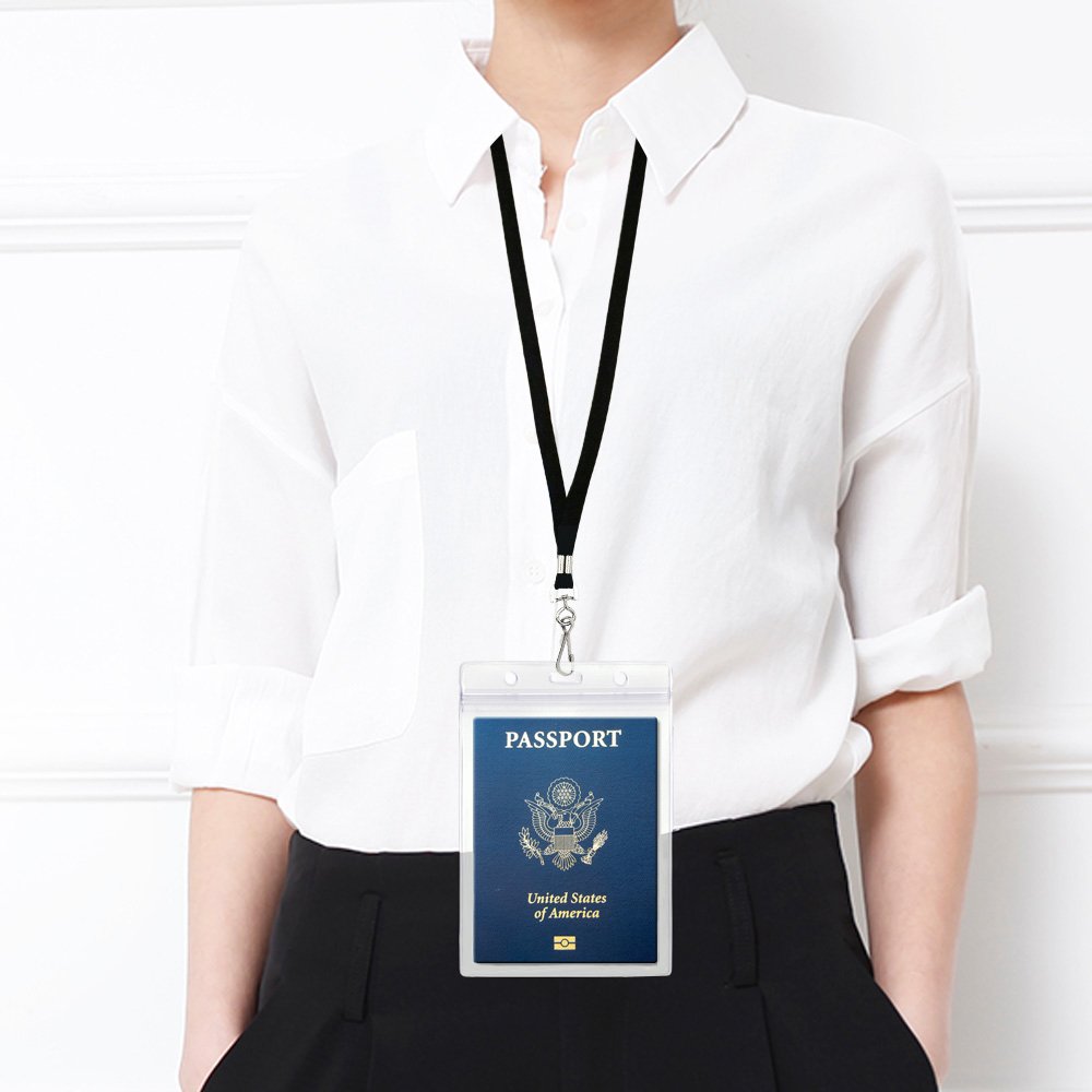 Waterproof Passport Holder with Lanyard - Large Travel ID Badge Holder for Business & Vacations (10 Pack Black)