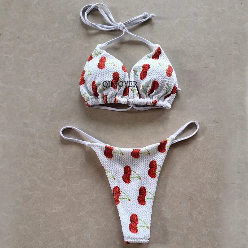 Women's Cherry Print Bikini Set - Brazilian Thong Swimsuit Two Piece Bathing Suit | Summer Beach Vacation, Pool Party, Tropical Getaway Swimwear