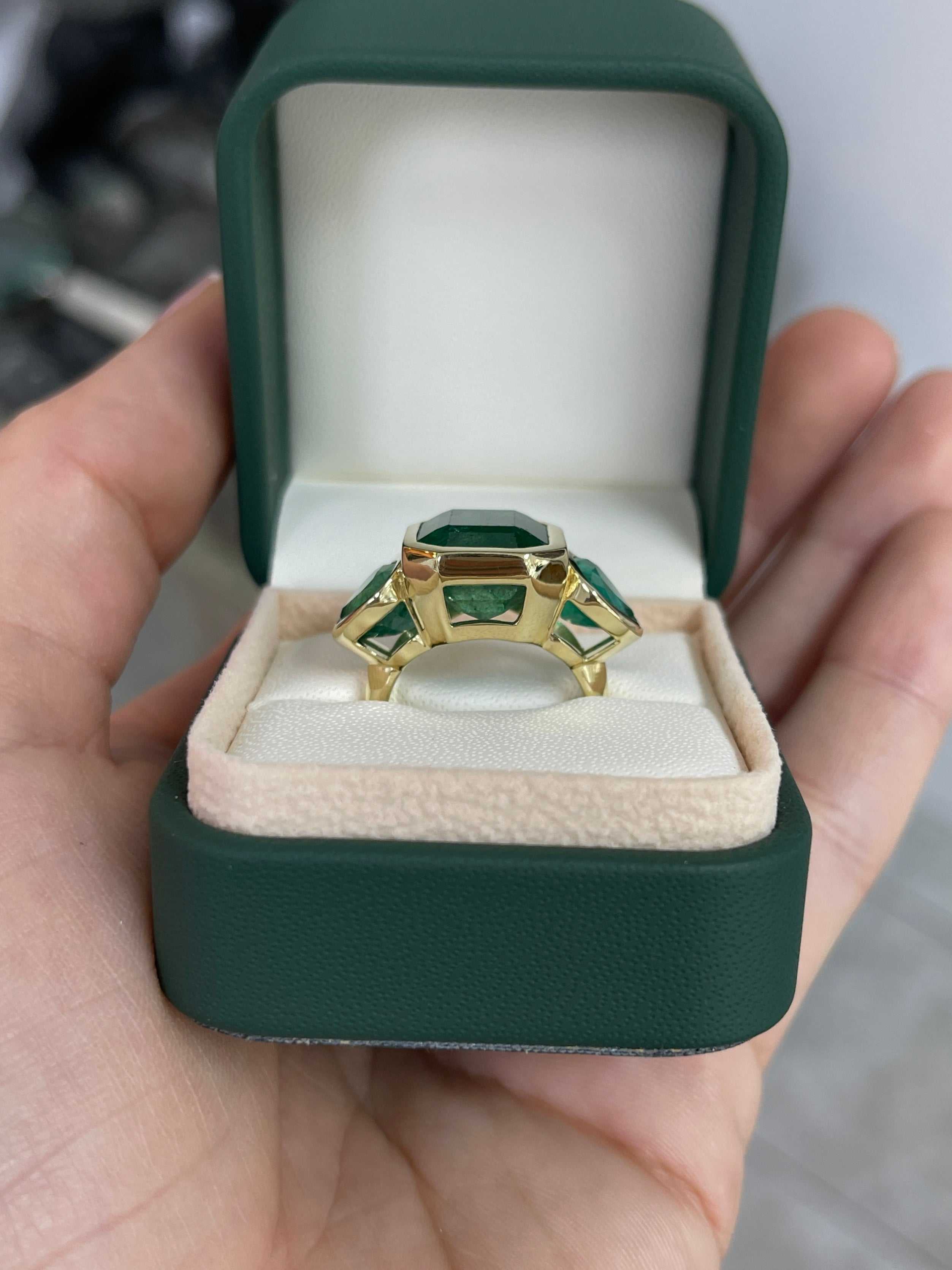 15.44tcw Three Stone Emerald Ring - 11.32 Carat Zambian Emerald with Pear Cut Accents in 18K Gold | Elegant Jewelry for Weddings, Anniversaries & Special Occasions
