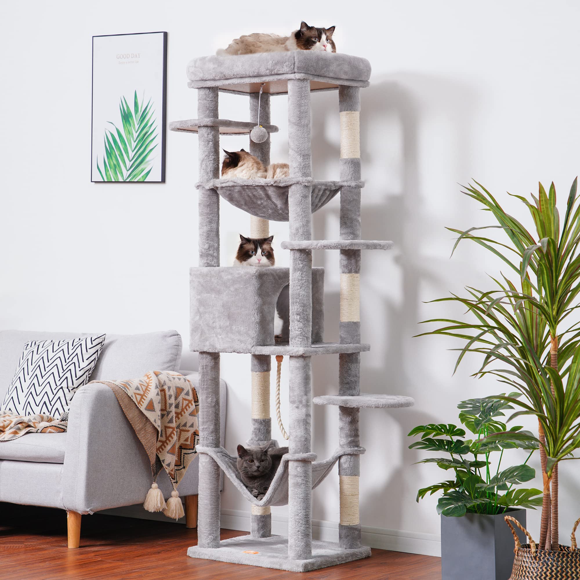 Heybly Heavy Duty Cat Tree for Large Cats up to 20 lbs - 69 Inch XXL Cat Tower with Multi-Level Perches, Plush Padded Condo & Cozy Basket - Sturdy Indoor Cat Furniture for Play, Rest & Climbing (HCT031W)