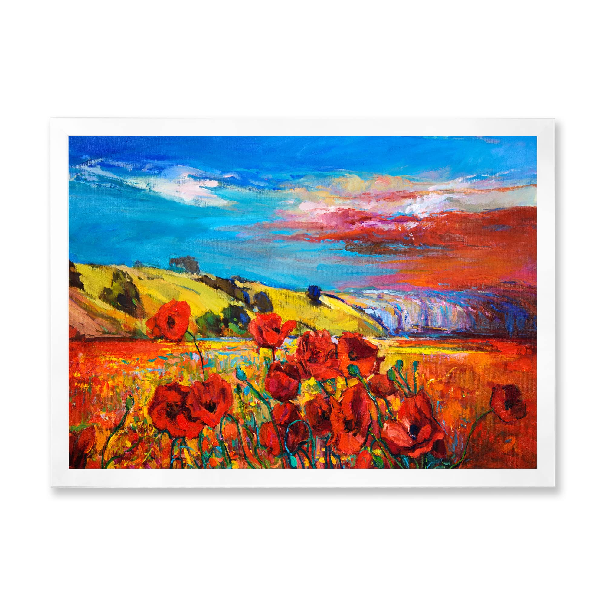 Traditional Framed Wall Art - Red Poppy Fields Under Blue Sky | Home & Office Decor | Perfect for Living Room, Bedroom, or Office