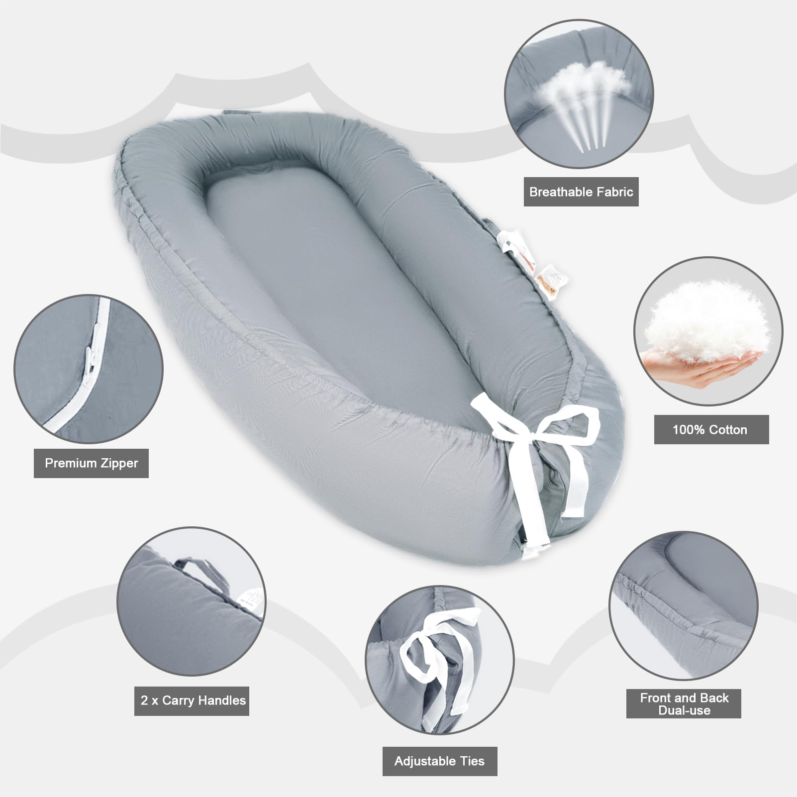 **Soft 100% Cotton Baby Lounger for Newborns 0-24 Months | Breathable Portable Infant Lounger & Co-Sleeper | Grey Baby Nest Cover for Girls & Boys | Perfect for Nursery, Travel & Co-Sleeping**