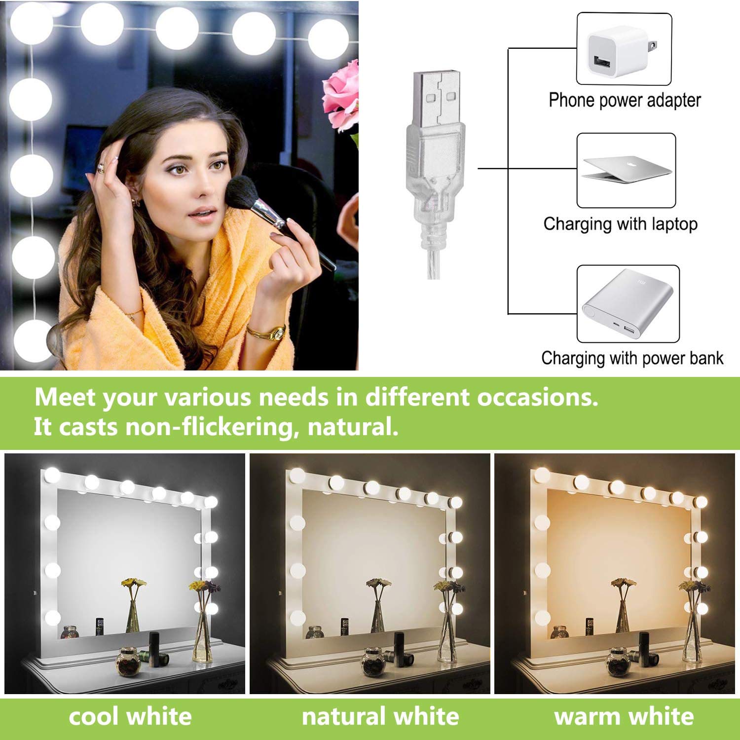 Hollywood LED Makeup Mirror Lights - 10 Dimmable Bulbs, 3 Color Modes for DIY Vanity & Bathroom Lighting