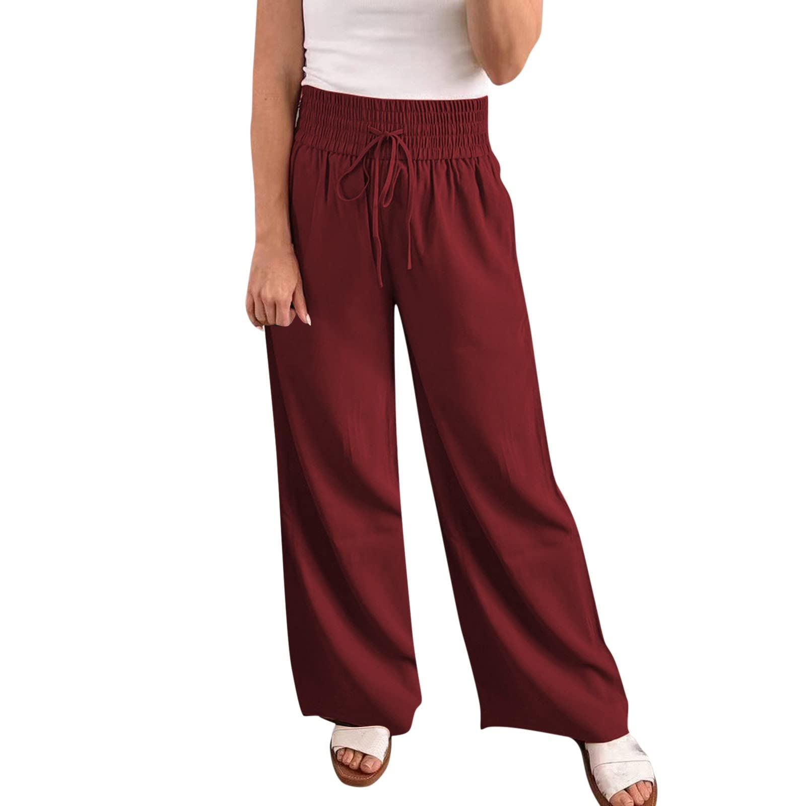 FENGQI Women's Wide Leg Pants - High Waist Loose Casual Trousers with Lace Up Detail | Perfect for Home, Office & Travel