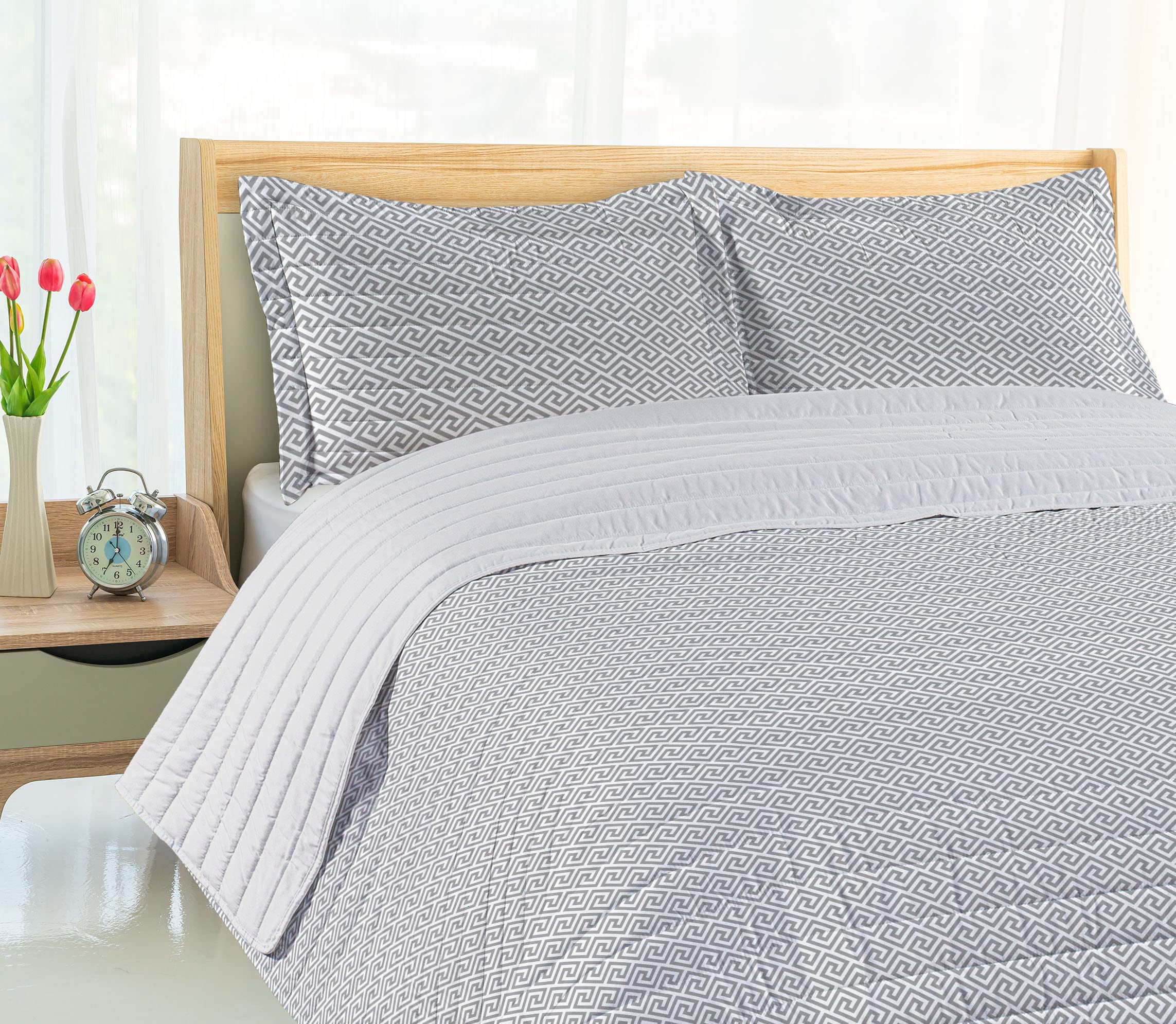 Ambesonne Geometric Microfiber Bedspread Set - Queen Size Monochrome Abstract Pattern Bedding with Pillow Shams & Comforter in Pale Grey White | Soft Luxury Bedroom Decor for Modern Home