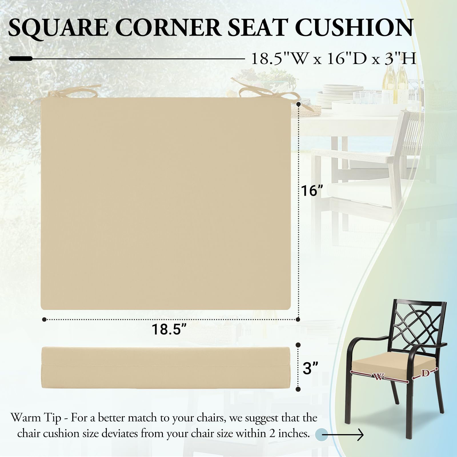Outdoor Chair Cushions for Patio Furniture - Water Resistant, UV Protected, Set of 4 (18.5