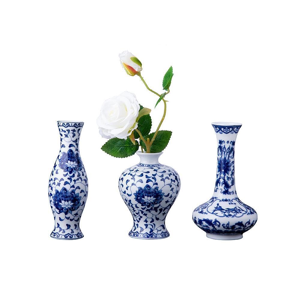 Set of 3 Small Blue & White Porcelain Vases - Fambe Glaze Ceramic Flower Vases for Home Décor, Wedding Centerpieces & Tabletop Decorations