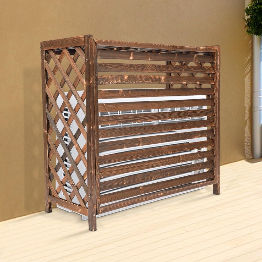 Solid Wood Outdoor AC Cover with Louvered Design - 45.3x21.2x37.4 Inch Air Conditioner Fence & Flower Shelf - Durable Protection for Outside Units - Perfect for Garden Decoration & AC Unit Storage