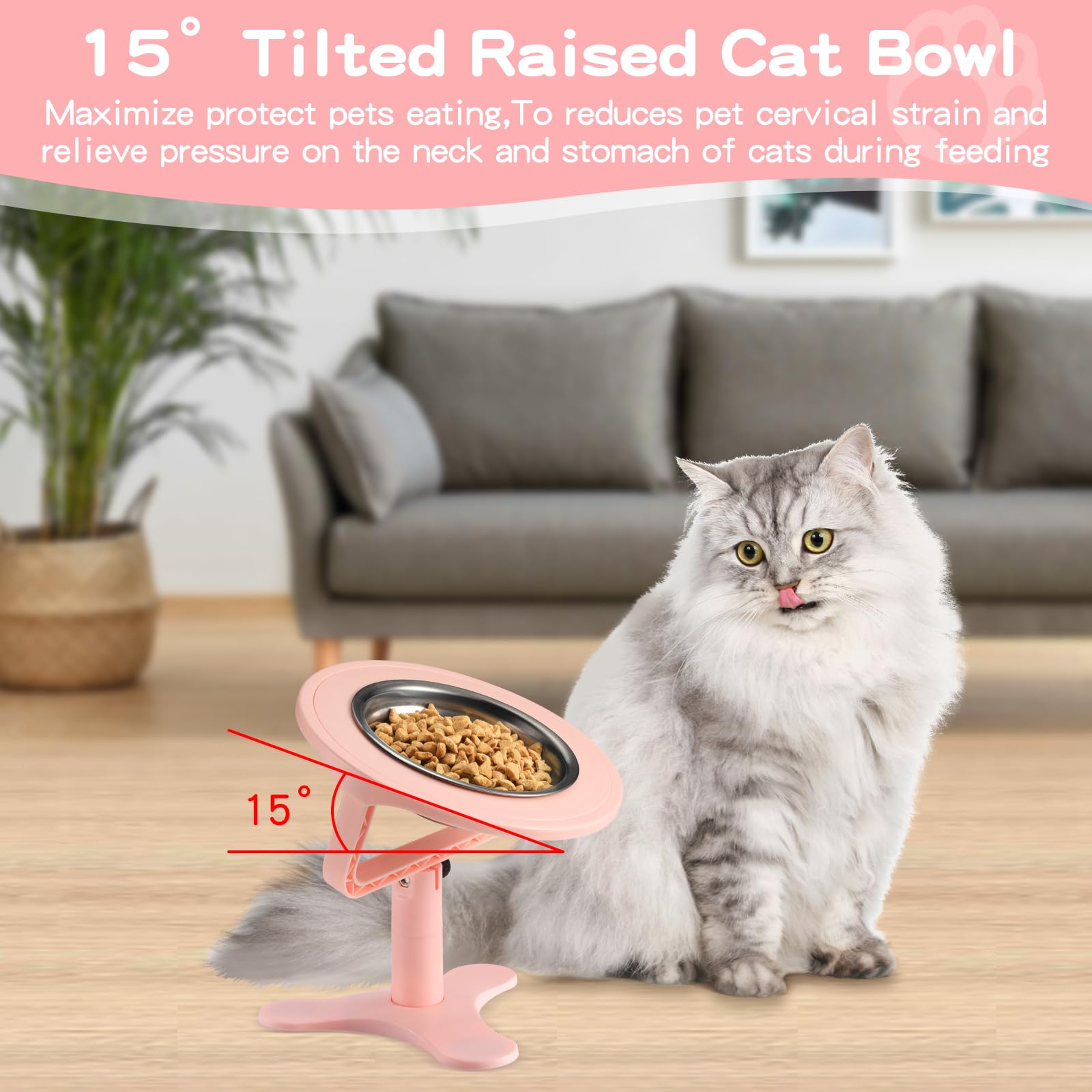 Adjustable Elevated Cat Bowls with Non-Slip Stand - 15° Tilted Stainless Steel Raised Pet Food & Water Dishes for Cats & Small Dogs (Pink, 1-Pack) - Perfect for Senior Pets, Arthritis Relief & Mess-Free Feeding