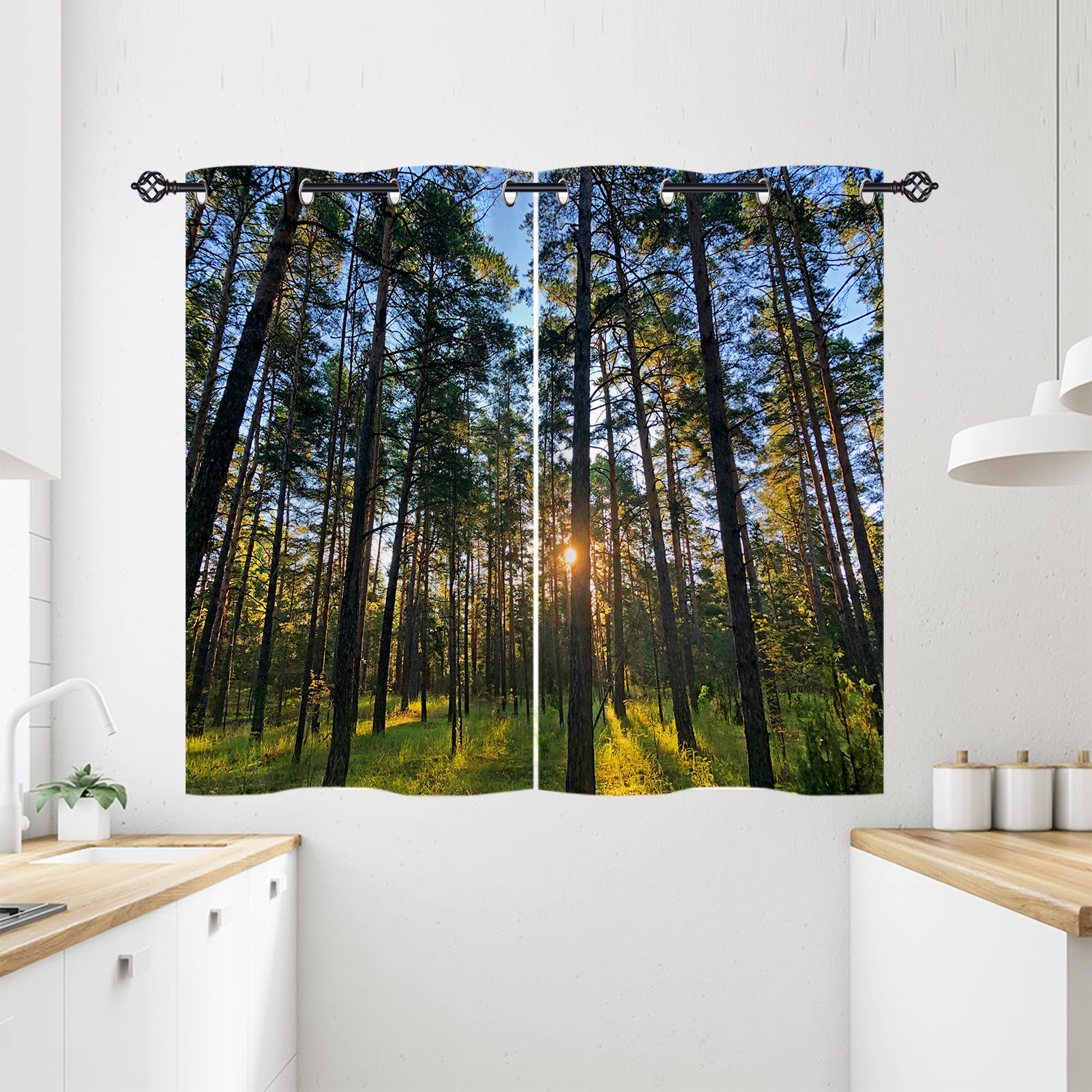 ANHOPE Waterproof Grommet Kitchen Curtains - Sunset Forest Tree Scenery Print, Nature Landscape Theme Window Drapes (2 Panels 27.5x39 Inch) for Bedroom, Living Room & Cabin Decor