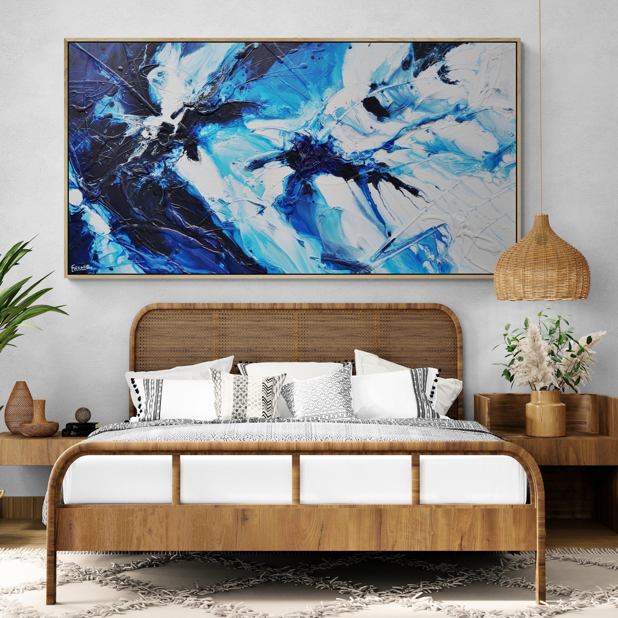 Blue Static 190cm x 100cm Abstract Textured Painting in Blues, White & Black - Perfect for Modern Living Room, Bedroom or Office Wall Decor