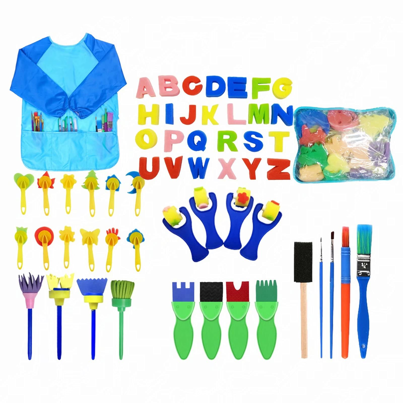 56-Piece Kids Sponge Painting Brushes Kit for Early Learning | Toddler Art & Craft Supplies with Assorted Shapes & Patterns | Includes Waterproof Painting Smock Apron | Perfect for Preschool Activities, DIY Art Projects & Creative Playtime