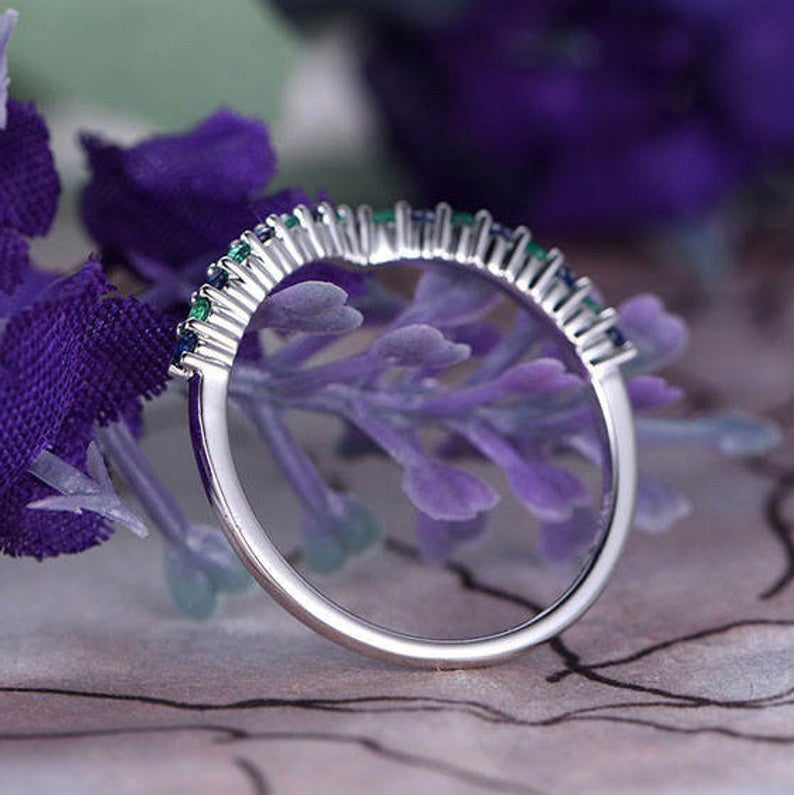 14K White Gold Natural Emerald & Sapphire Curved V Wedding Band - Half Eternity Stackable Ring with Bar Setting for Women, Anniversary, Promise Ring, Gift for Her - Perfect for Stacking, Bridal Sets, and Special Occasions