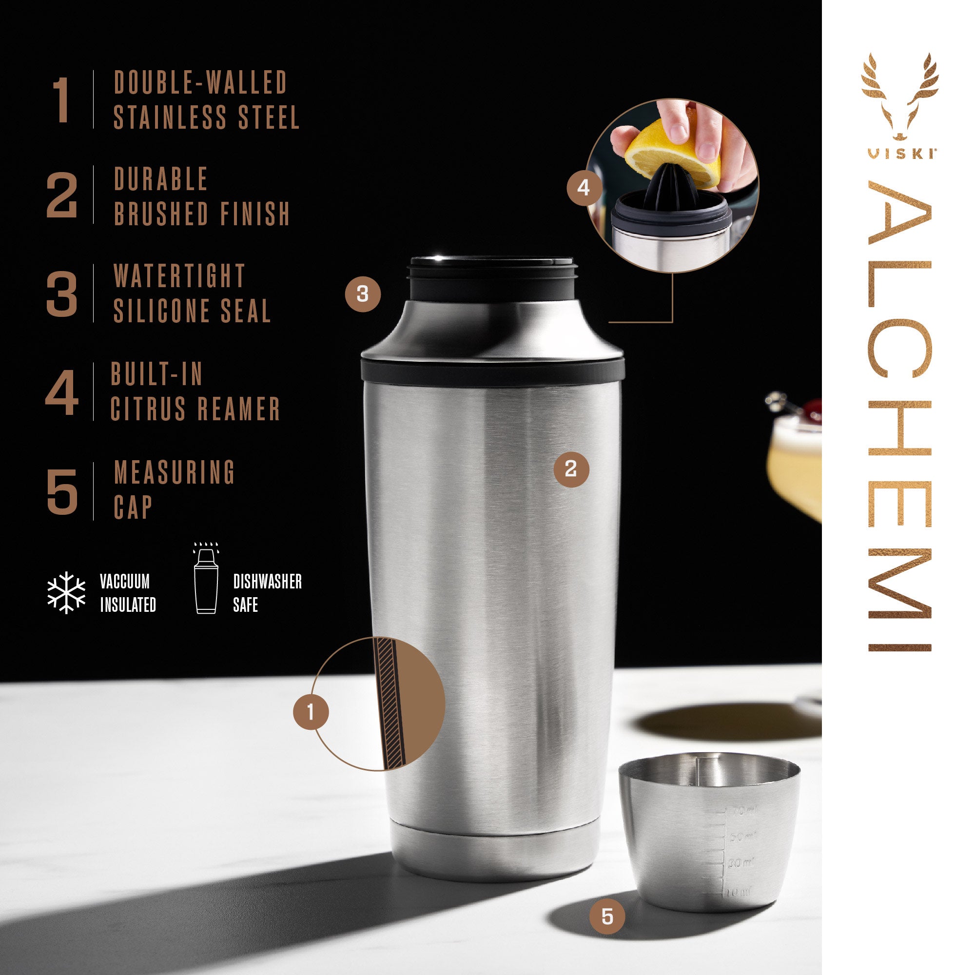 Premium Alchemi Vacuum Insulated Stainless Steel Cocktail Shaker - Professional Bar Mixing Tool for Home Bartenders & Cocktail Enthusiasts - Perfect for Parties, Home Bars & Mixology Gifts