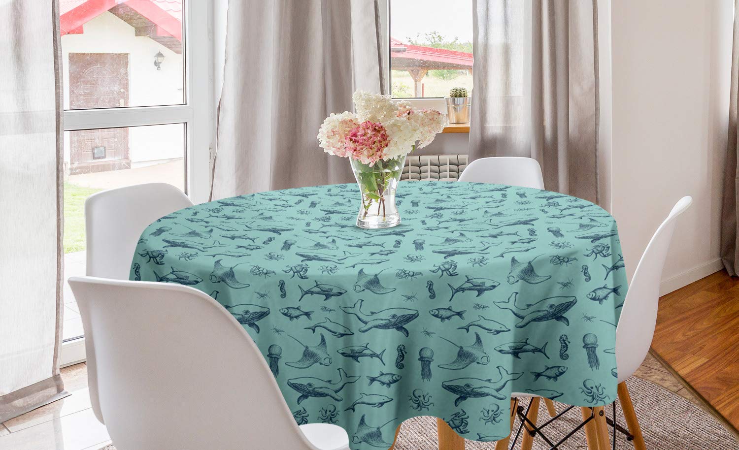 Ambesonne Vintage Nautical Round Tablecloth 60 Inch - Marine Themed Whale Shark Jellyfish Seahorse Design, Dark Sky Blue Seafoam Circle Table Cover for Dining Room Kitchen Decor | Perfect for Beach House, Coastal Theme Parties & Ocean Inspired Home Decoration