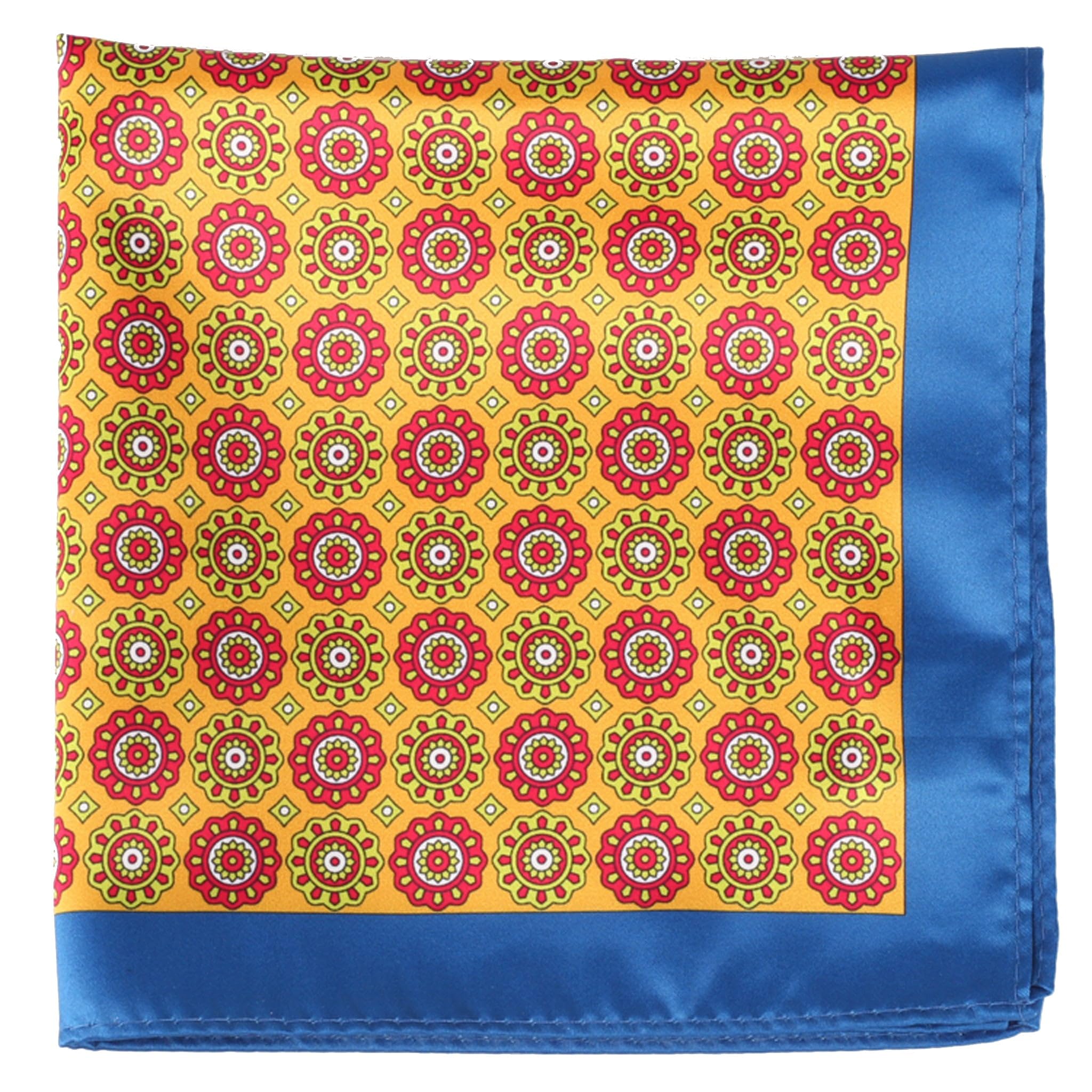 Marigold Red Blue Geometric Pocket Square & Holder Set - Premium Large Silk Pocket Squares for Men - Perfect for Weddings, Business Meetings & Formal Events