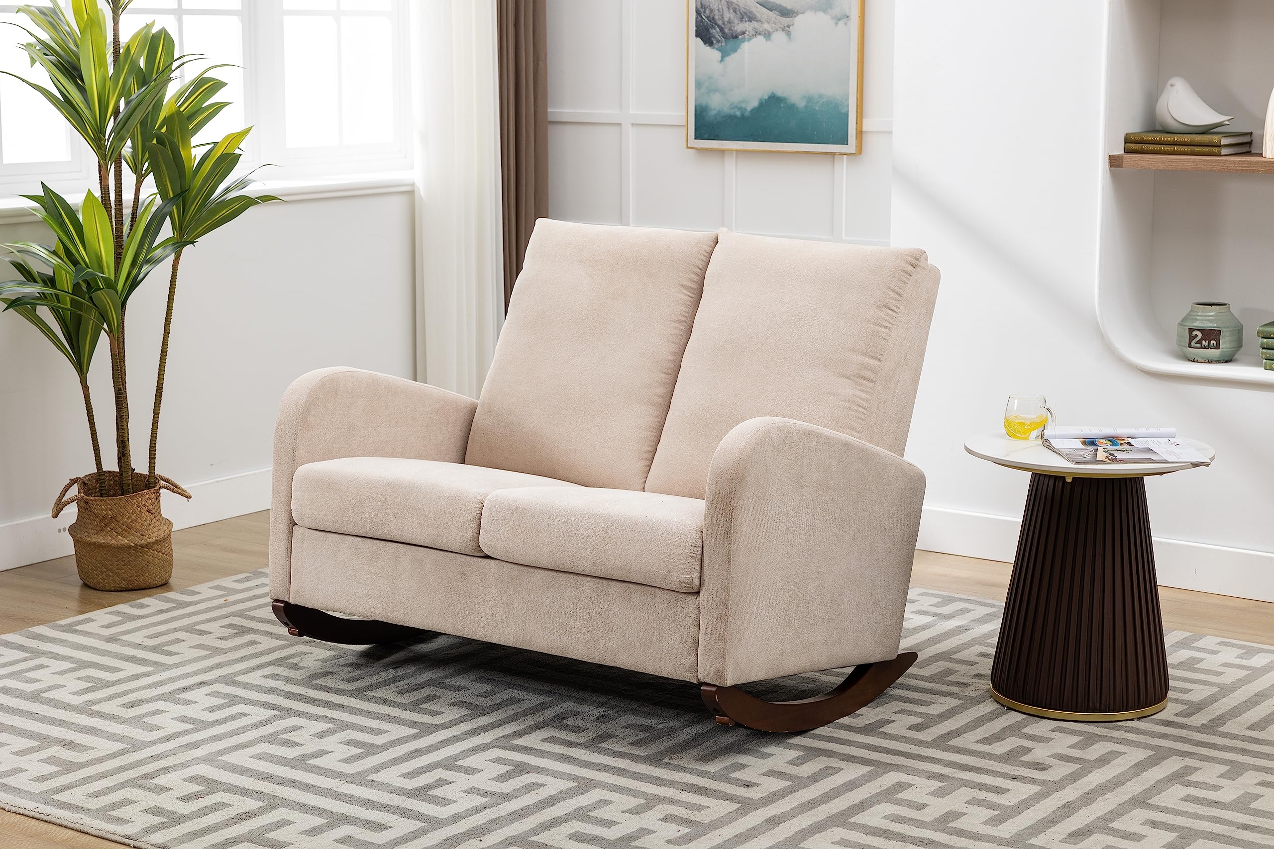 Modern Double Rocking Chair - Oversized Nursery Glider with High Backrest & Side Pocket, Extra Wide Rocking Sofa for Living Room, Bedroom & Nursery - Perfect for Breastfeeding, Reading Nook & Relaxation (Beige)