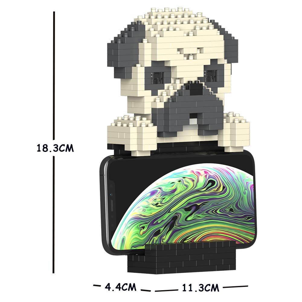 JEKCA Pug Dog Phone Stand - Plastic Building Blocks Toy for Teens & Adults 14+ | Creative DIY Desk Organizer for Home & Office Accessories