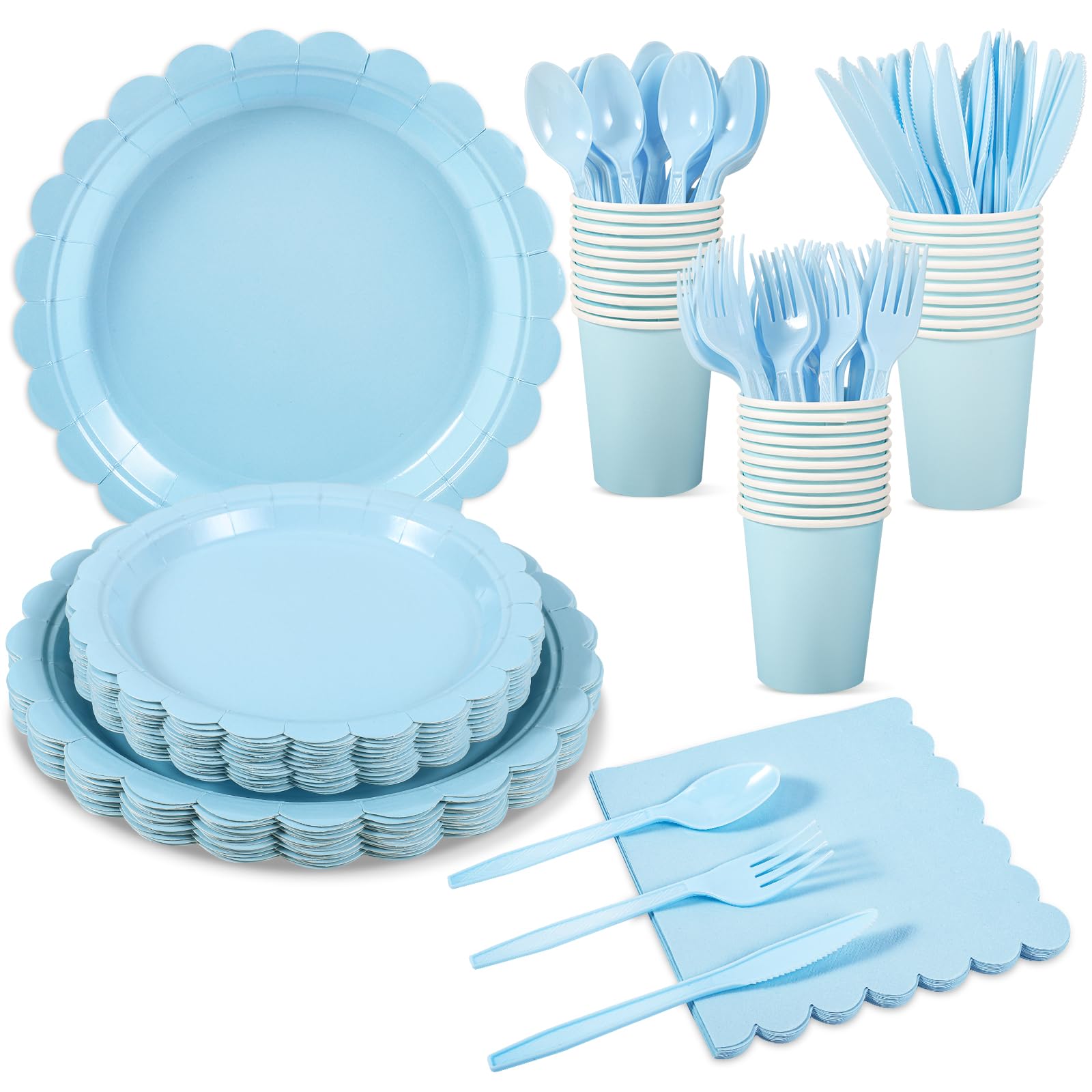 175 Pcs Light Blue Paper Plates & Napkins Set - Easter Party Supplies with Scalloped Plates, Napkins, Cups, Plastic Cutlery (Forks, Spoons, Knives) for Baby Shower, Wedding, Birthday - Perfect for Spring Celebrations, Bridal Showers & Outdoor Events