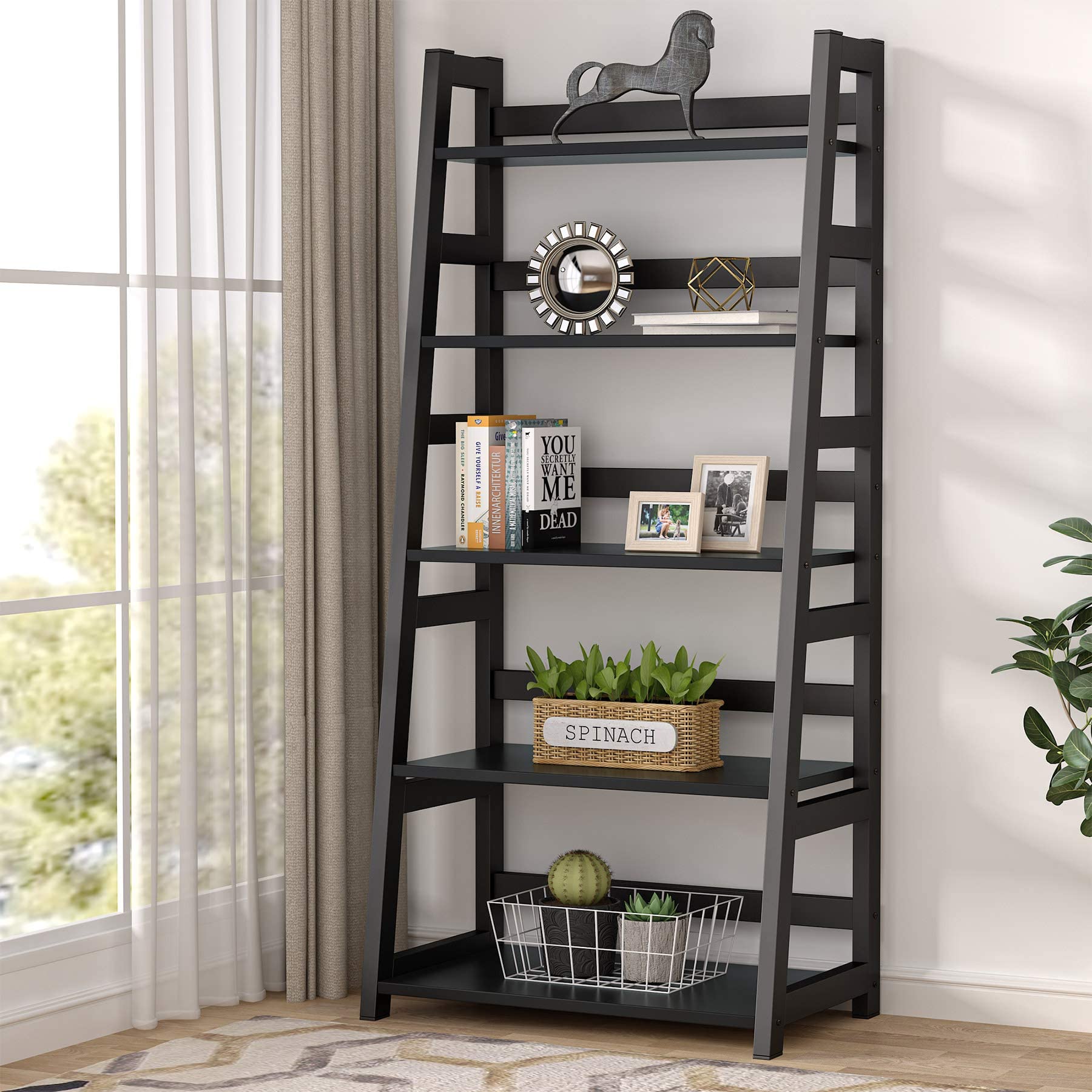 Tribesigns 5-Tier Bookshelf - Modern Ladder Bookcase with 5 Shelves, Sturdy Book Storage Organizer for Living Room, Home Office, Bedroom - Space-Saving Black Bookshelf for Home Decor & Display (Perfect for Small Spaces & Book Lovers)