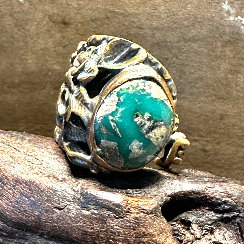 Handmade Vintage Sterling Silver & Brass Ring with Turquoise and Ruby Gemstones – Perfect for Boho, Hippie, and Festival Jewelry Lovers