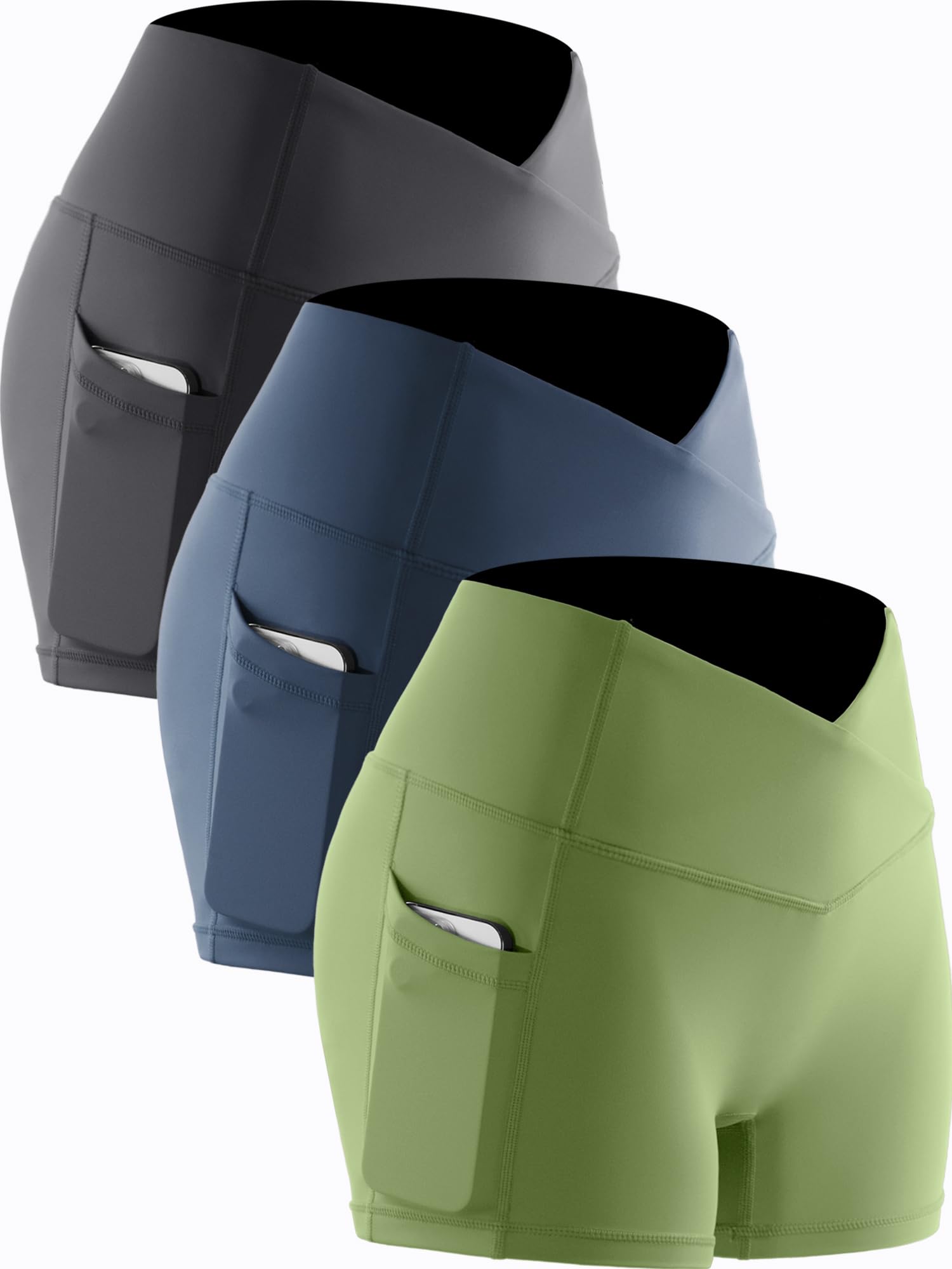 CADMUS 3 Pack Women's High Waist Yoga Shorts - Stretchy Spandex Workout Shorts with Deep Side Pockets - Perfect for Yoga, Running, Gym & Lounge Wear