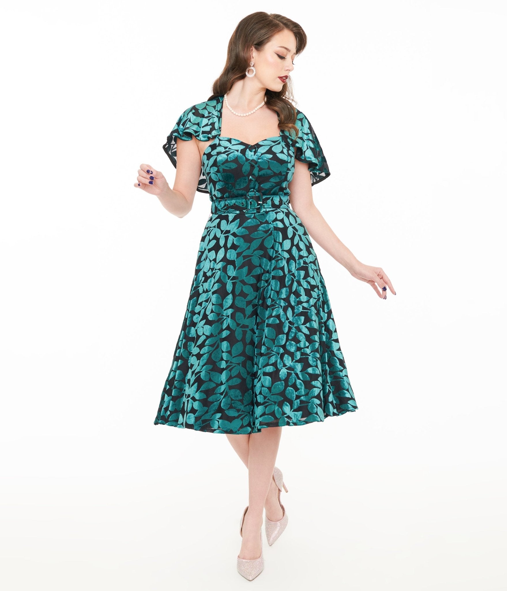 Vintage 1950s Teal & Black Velvet Burnout Capelet Swing Dress - Retro 50s Style Cocktail Party Dress for Women, Perfect for Evening Events, Halloween Costume & Vintage Fashion Lovers