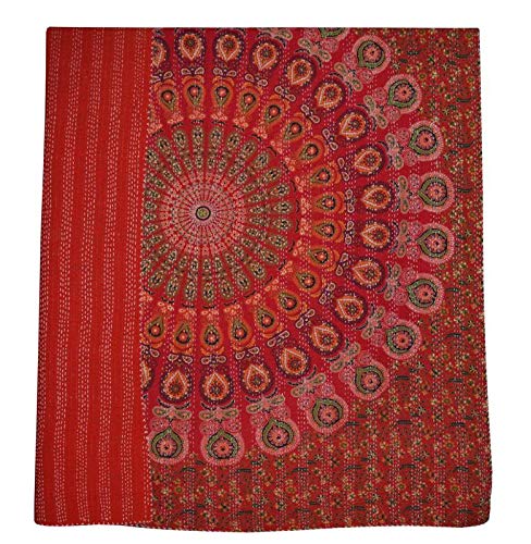 Red Peacock Mandala Tapestry Throw Blanket - Twin Size Indian Kantha Embroidered Quilt 80x50 Inches - Bohemian Bedspread for Home Decor, Yoga Studio & Dorm Room