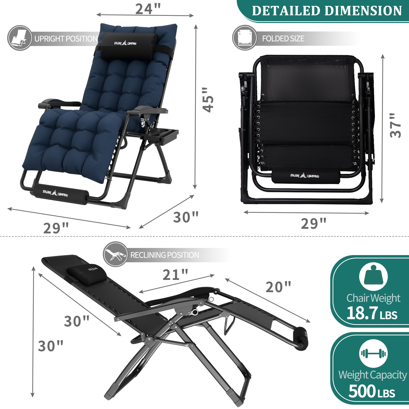 UDPATIO Oversized Zero Gravity Chair 29In XL Patio Reclining Chair with Cushion - Heavy Duty 500LB Capacity Outdoor Folding Adjustable Recliner with Cup Holder, Foot Rest & Padded Headrest - Perfect for Backyard, Poolside, Beach and Camping Relaxation