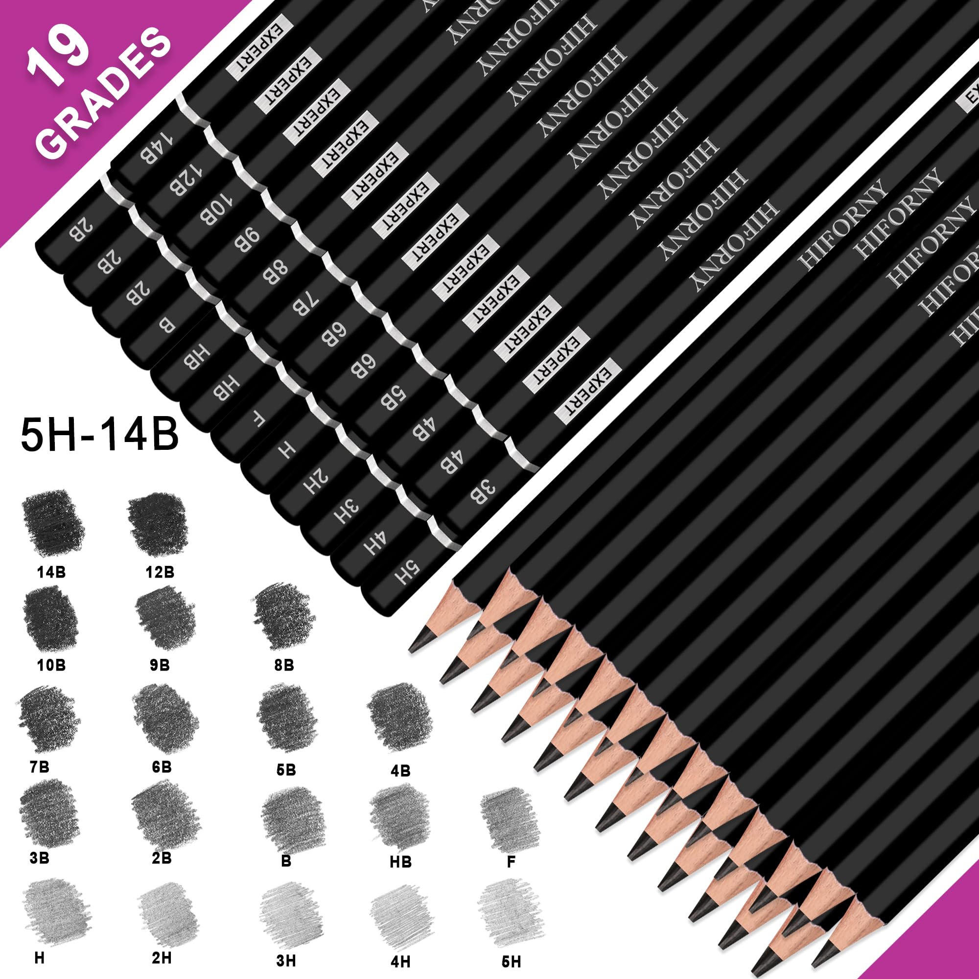 HIFORNY 24-Piece Professional Graphite Sketching Pencil Set (14B-5H) - 19 Grades Art Drawing Pencils for Sketching, Drafting & Shading - Perfect for Beginners, Artists & Students - Use for Portraits, Landscapes, Anime & Technical Drawings