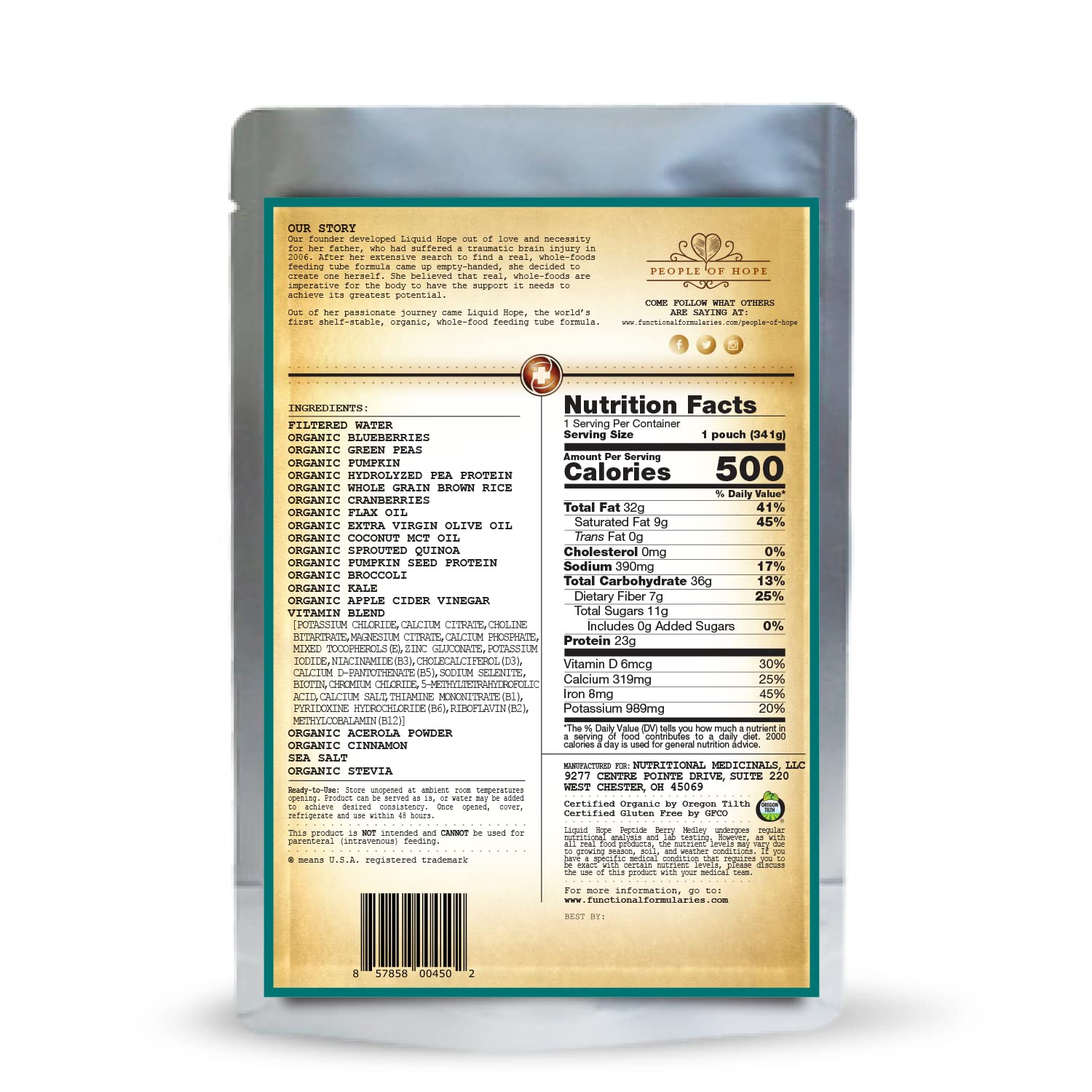 Organic Liquid Hope Peptide Berry Medley - Tube Feeding Formula & Meal Replacement Supplement, 12 Fl Oz Pouch (Pack of 24, 288 Fl Oz Total) - Ideal for Medical Nutrition, Post-Surgery Recovery & Dietary Support