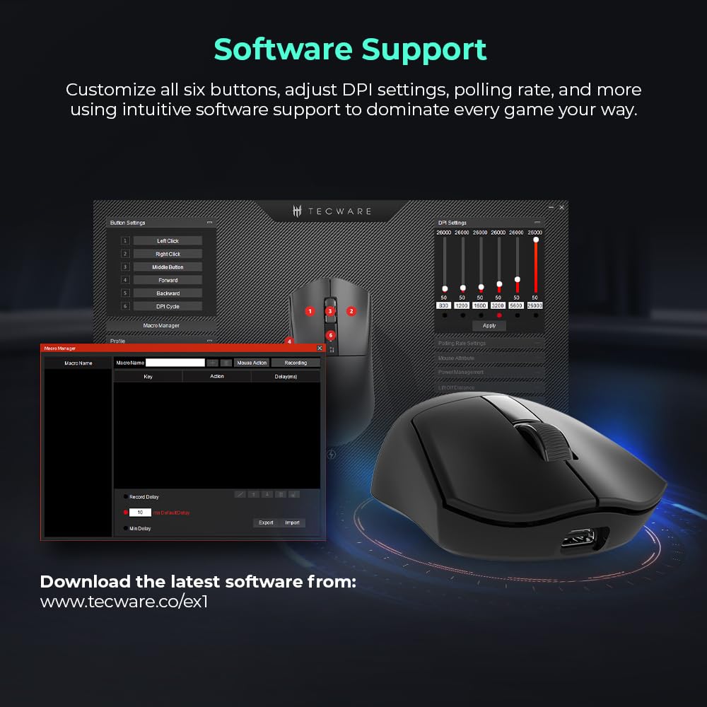 TECWARE EX1 Ultra Lightweight Wireless Gaming Mouse - 26K DPI, OLED Display, 59g Ergonomic Design, RGB Charging Dock, Tri-Mode Connectivity with PTFE Feet & Grip Tape - Perfect for FPS, MOBA & MMO Gaming (Black)