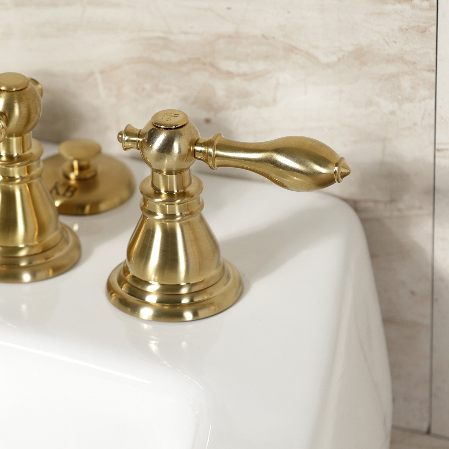 KB327ACL Brushed Brass 3-Handle Deck Mount Bidet Faucet with Vertical Spray & Brass Pop-Up - Perfect for Modern Bathrooms, Powder Rooms & Luxury Home Upgrades
