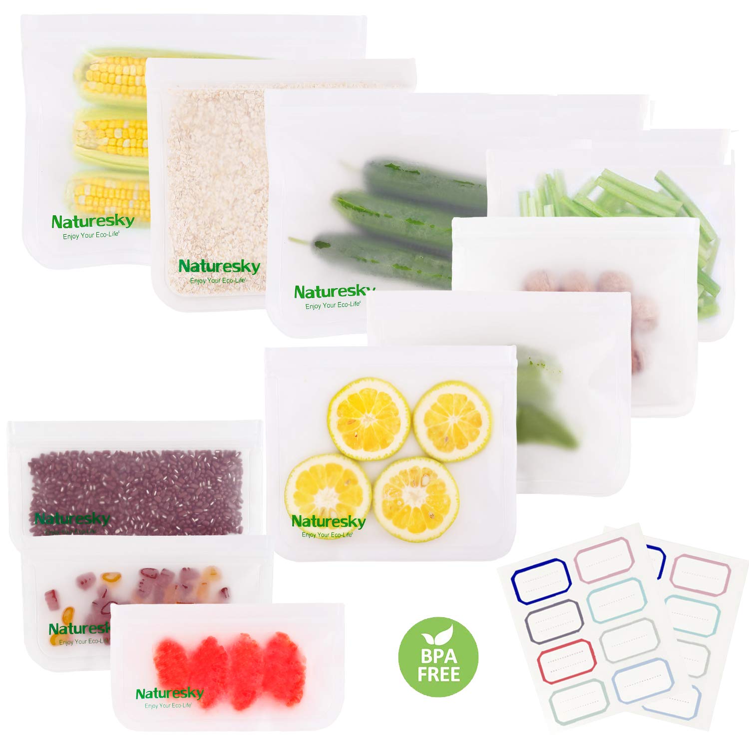 Eco-Friendly Reusable Storage Bags 10-Pack - BPA Free Freezer Safe Food Bags (3 Gallon + 4 Sandwich + 3 Snack Bags) | Leakproof Silicone Ziplock Bags for Meal Prep, Freezing & On-the-Go Snacks
