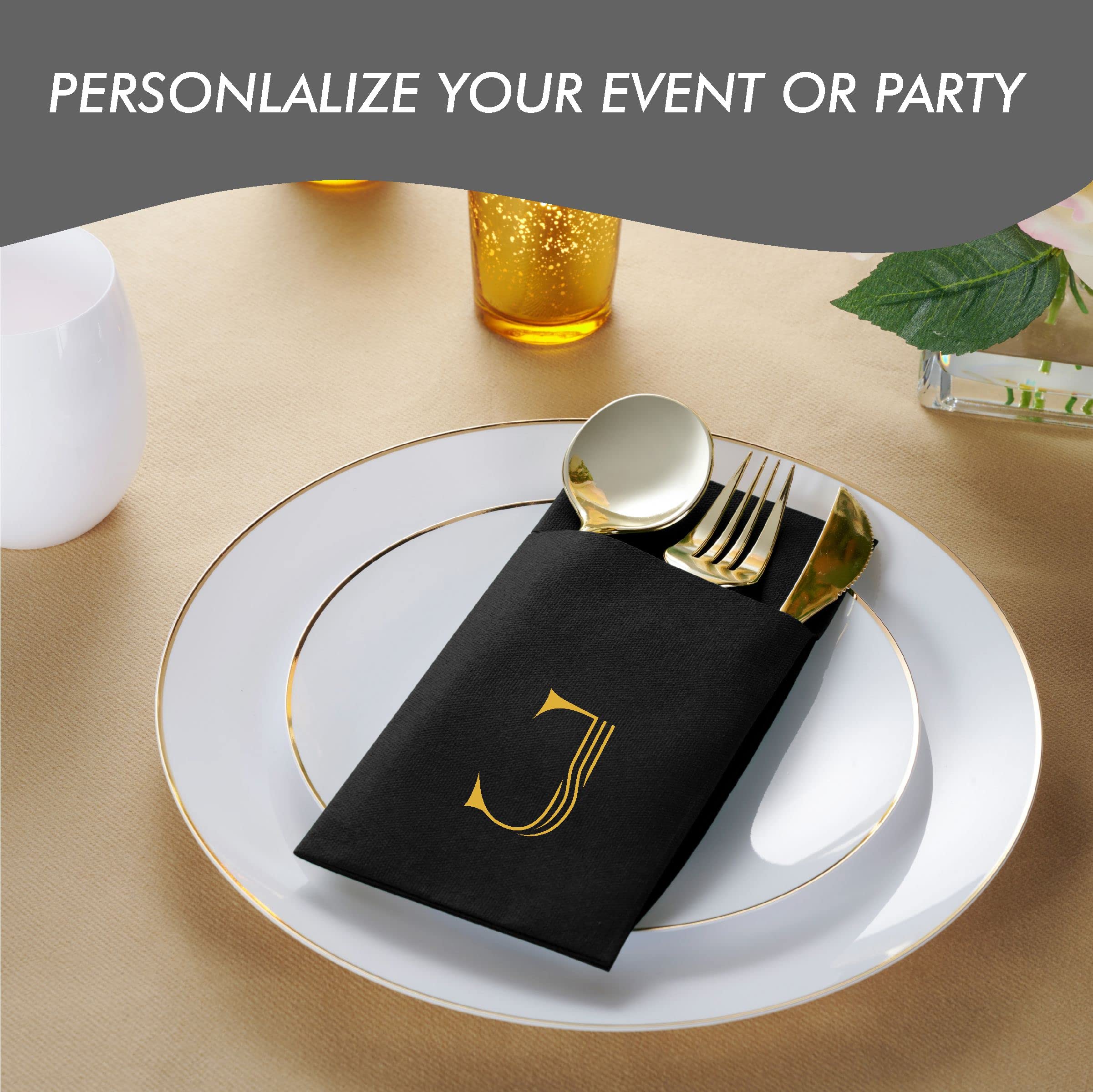 50-Pack Black Monogrammed Napkins with Silverware Pocket - 16