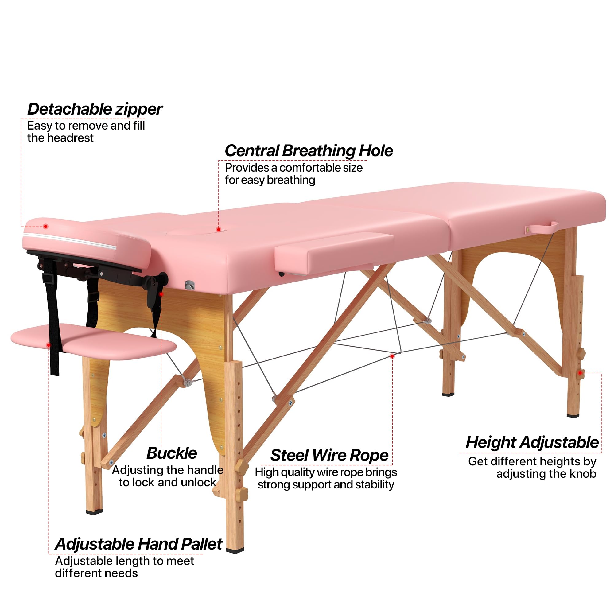 Portable 2-Section Foldable Massage Table - Adjustable Height Spa & Tattoo Bed with Face Cradle - Lightweight Wood Frame Facial Salon Bed for Home & Professional Use - Perfect for Massage Therapy, Tattoo Parlors & Beauty Salons (Light Pink)