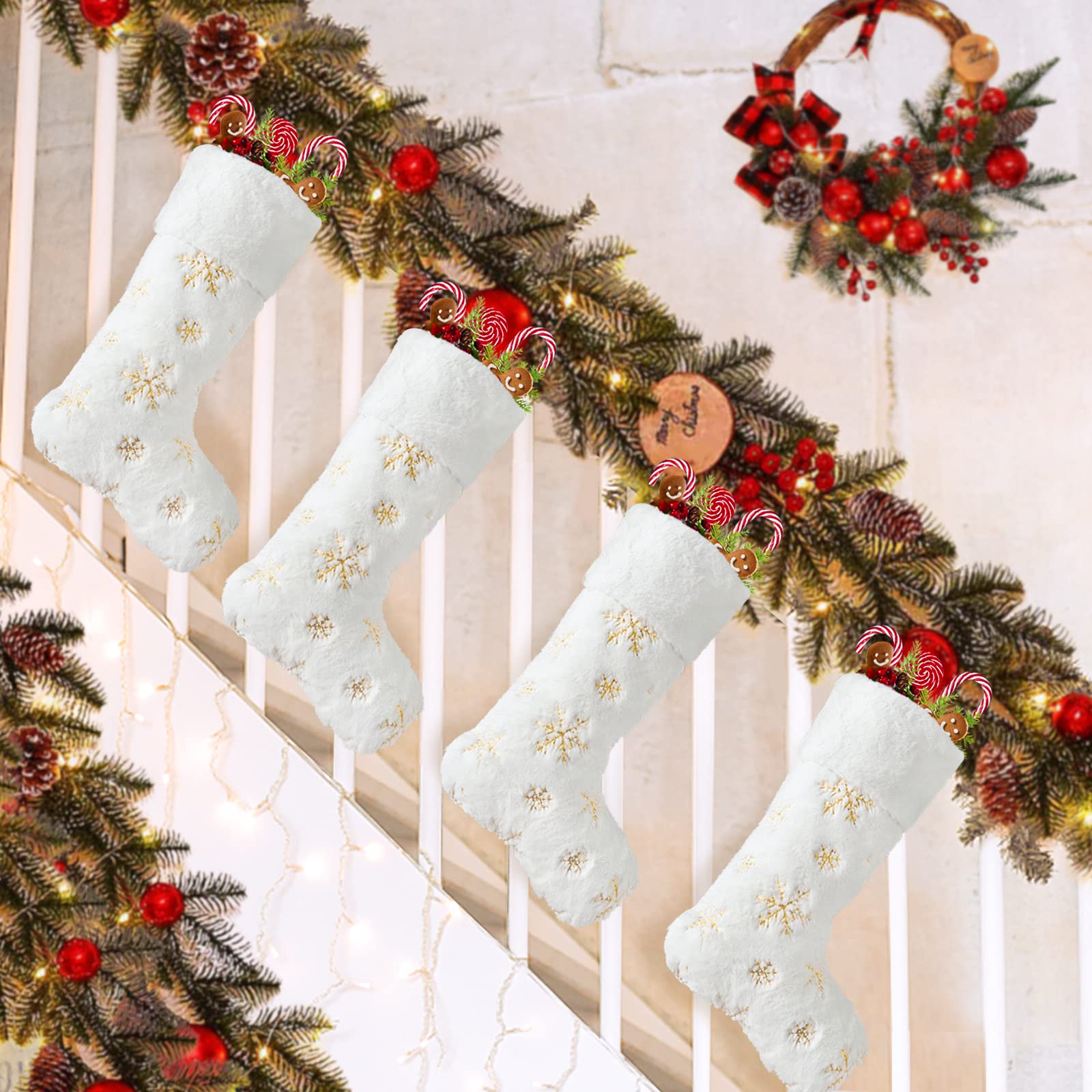 2 Pack Personalized Christmas Stockings with Names - 22 Inch Custom Embroidery Faux Fur Holiday Stockings in White with Gold/Silver Snowflake Designs - Perfect for Fireplace Mantel, Xmas Tree Decorations & Holiday Party Decor