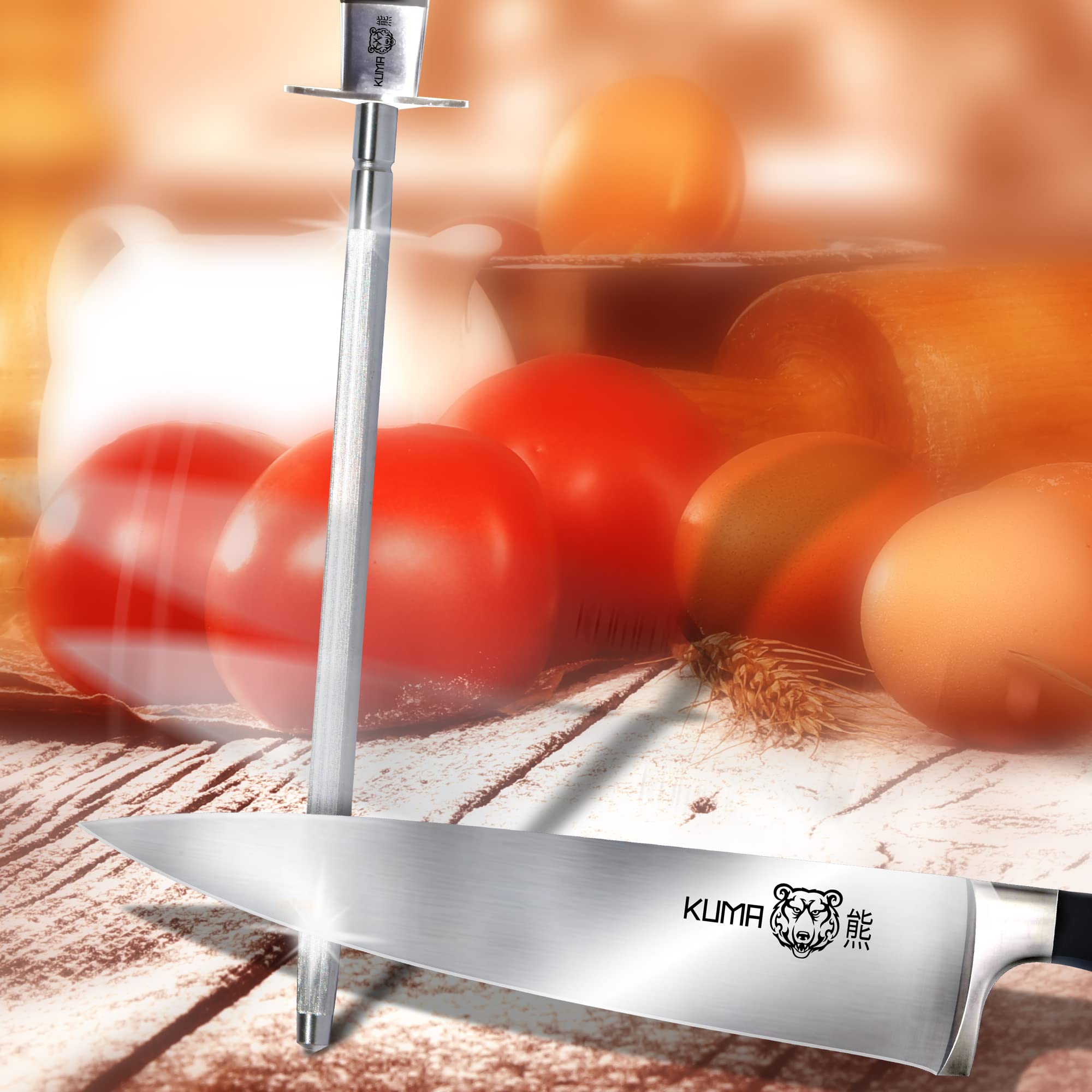 KUMA Professional 8-Inch Steel Knife Sharpener Rod - Best Honing Tool for Chef Knives, Carving Knives & Kitchen Cutlery - Easy to Use & Restore Blade Sharpness - Perfect for Home Cooking, BBQ & Food Preparation