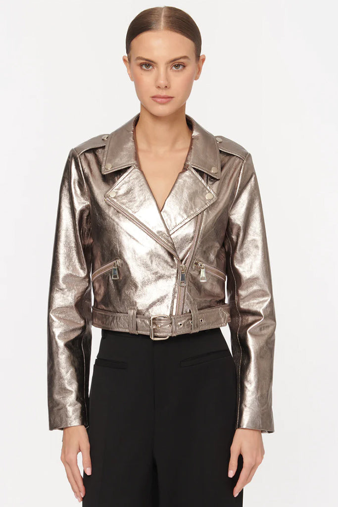 Cami NYC Kali Lamb Leather Jacket in Metallic Fog - Stylish Women's Faux Leather Moto Jacket for Fall & Winter Fashion, Night Out, and Casual Wear