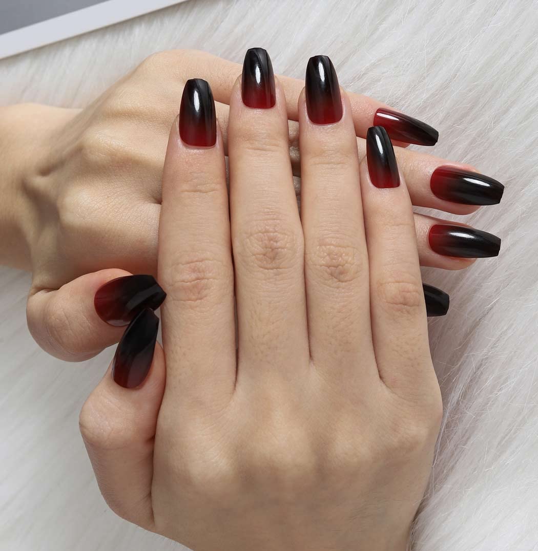 24Pcs Black Press on Nails Long Coffin - Full Cover Glossy Ombre Fake Nails for Women & Girls - Easy to Apply Artificial Nails for Parties, Weddings & Daily Wear