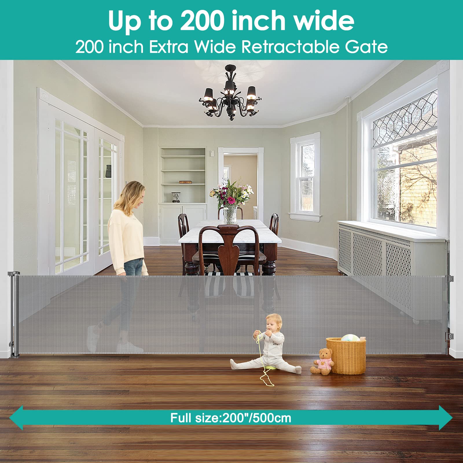 200 Inch Super Wide Retractable Baby & Pet Safety Gate for Stairs, Doorways, Decks - Perfect for Childproofing Homes & Protecting Pets