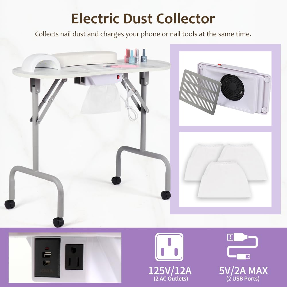 Professional Foldable Nail Tech Table with Charging Station & Dust Collector - Portable Manicure Desk for Salon & Home Use, White Marbled Design with Wrist Pad & 4 Lockable Wheels | Perfect for Nail Technicians, Spa Treatments & Mobile Beauty Services