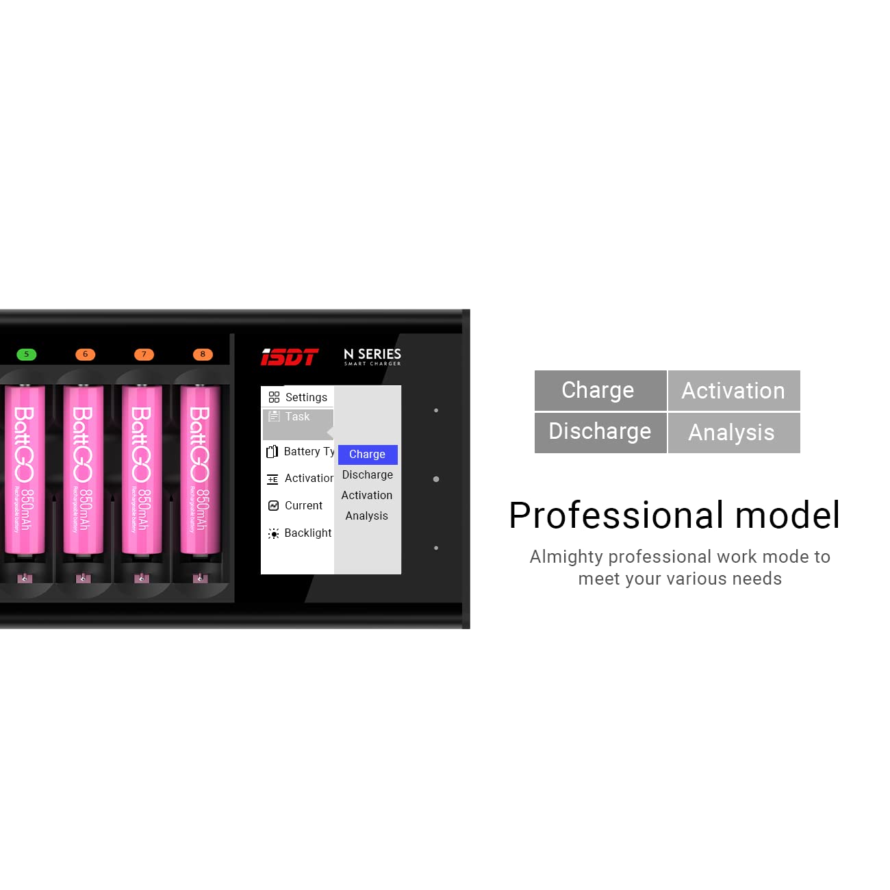 ISDT N8 8-Bay LCD Battery Charger for AAA AA LiFePO4 Ni-MH Ni-CD - Fast 1.5H Charging Station with Discharge Function - Perfect for Home, Office, and Professional Battery Maintenance